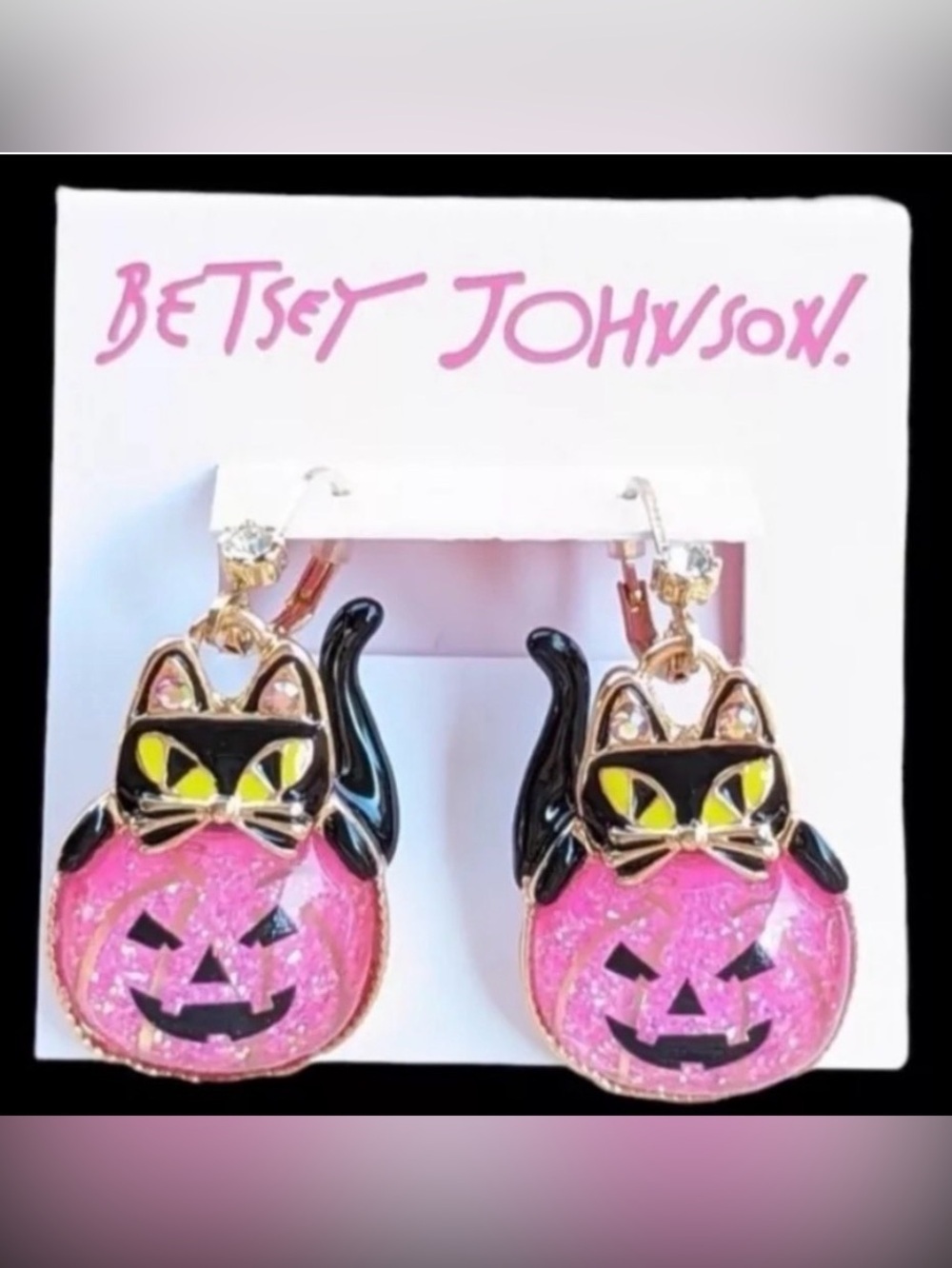 BETSEY JOHNSON Glittering Black Cat in Pinkish-Orange Pumpkin Earrings & NEW NWT